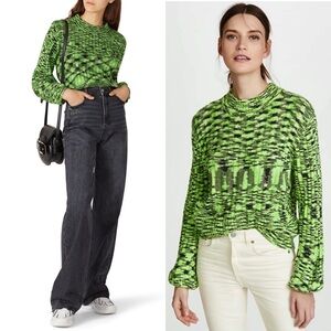 BLANK NYC Psychedelic Stripe Rib Knit Balloon Sleeve Mockneck Pullover Sweater S